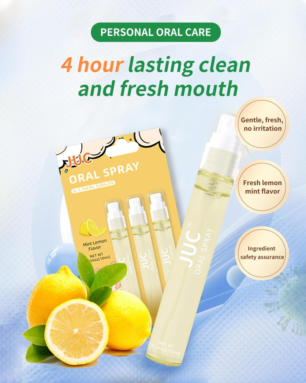 Close-up of mint lemon breath spray bottles in a 3-pack