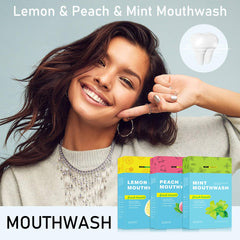 Travel size mouthwash side view showing 3 flavor variety