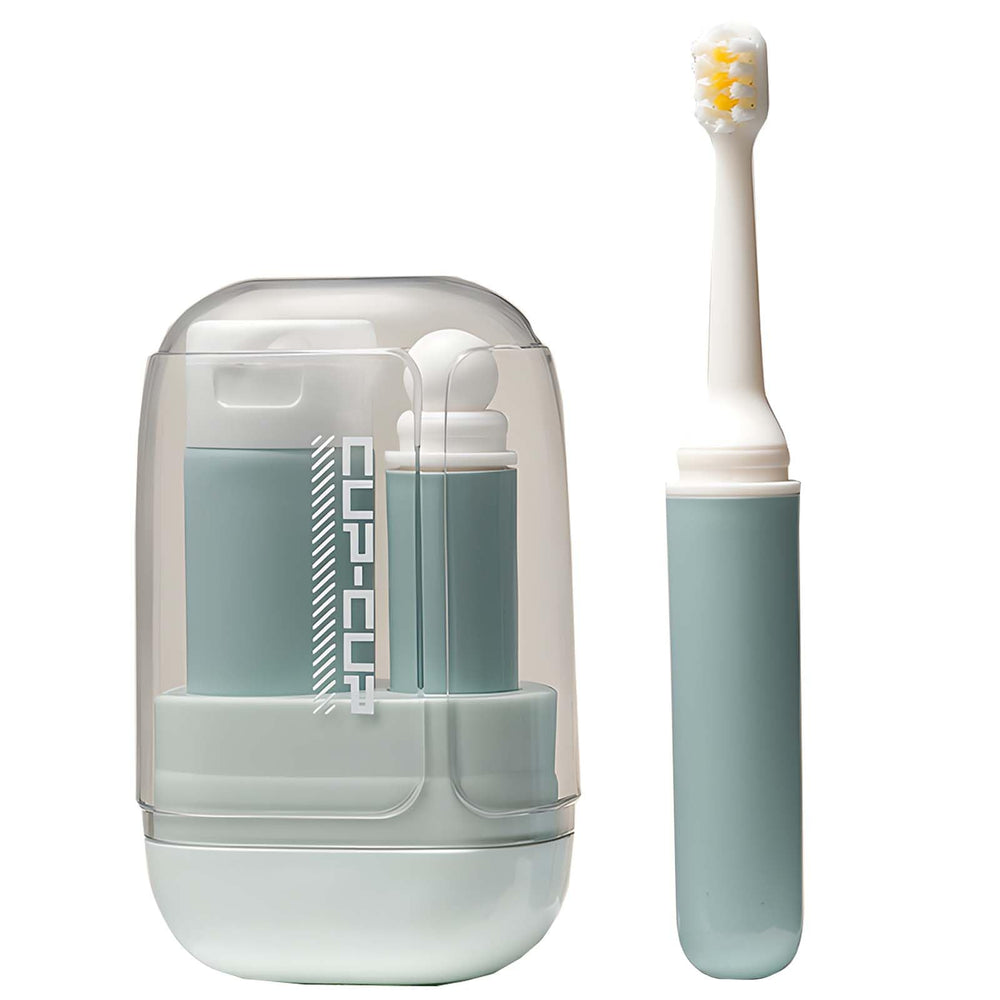 Blue 3-in-1 toothbrush travel case with foldable toothbrush