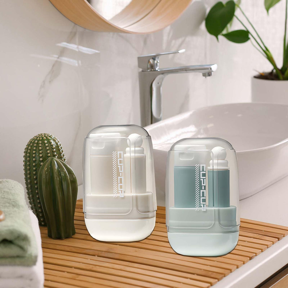 All-in-one cream-colored travel toothbrush case showcasing compact design