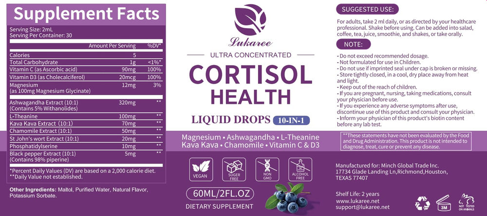 One-month (30-day) supply of cortisol support liquid drops