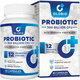 Label showing 300 Billion CFU Probiotic with 12 strains and 3 organic prebiotics