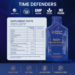 Nutrition panel showing 300 mg NAD+, 100 mg Resveratrol, 200 mg Curcuminoids