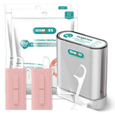 Front view of pink floss dispenser with 308 count dental floss picks
