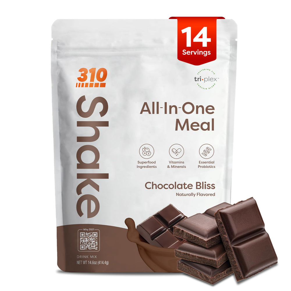 310 Nutrition Chocolate Bliss tub shows plant-based protein for a convenient meal replacement.
