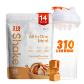 310 Nutrition all-in-one meal replacement shake caramel sundae with shaker kit, protein-rich breakfast option.