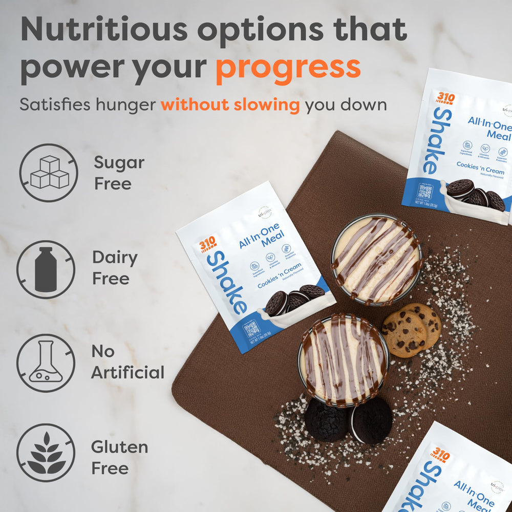 310 Nutrition all-in-one cookies-cream prepared shake in glass for easy drinking