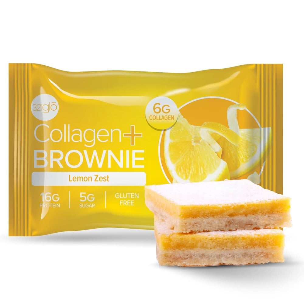 Box of 321glo Collagen Protein Brownies Lemon Zest 12-pack on kitchen counter