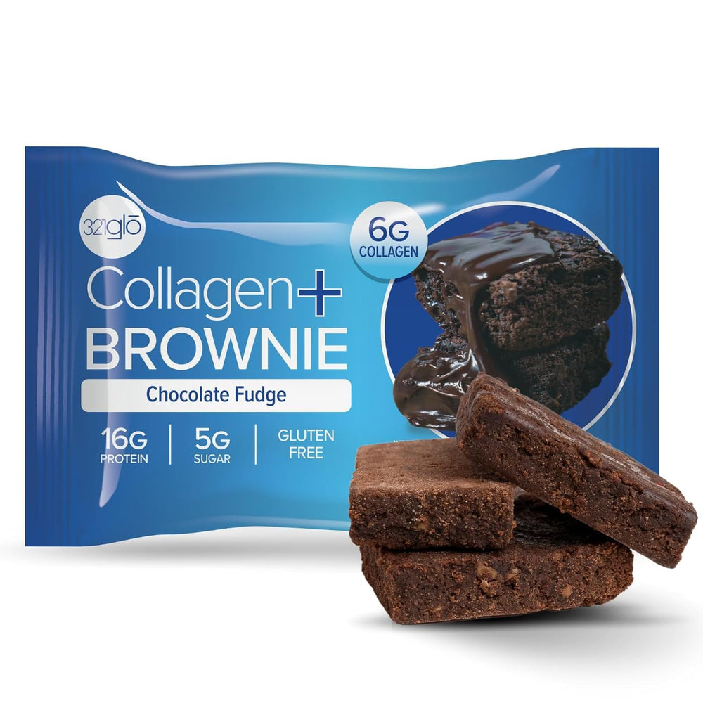 321glo Collagen Protein Brownie packshot highlights gluten-free, keto-friendly snack.