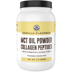 32oz Vanilla Keto MCT Powder bottle with grass-fed collagen peptides and prebiotic fibre