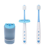360-degree kids toothbrush in blue with kitten baffle
