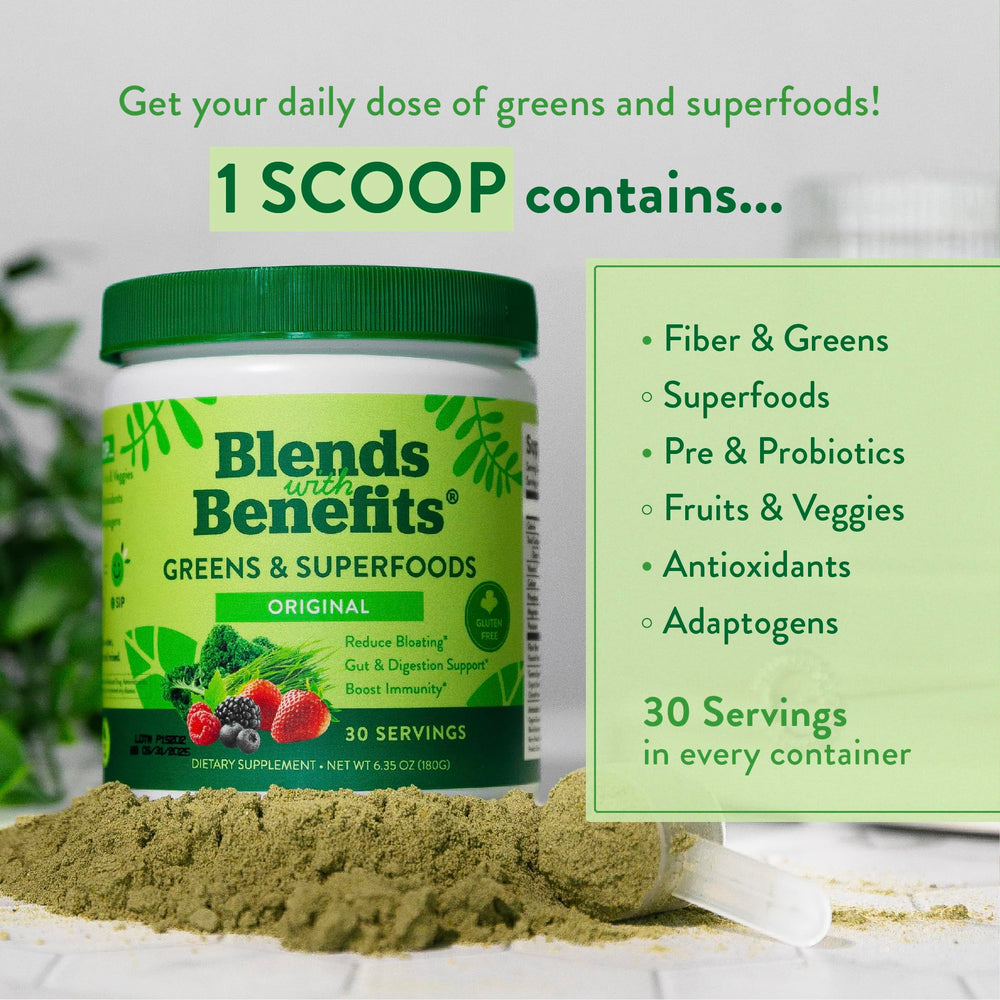 Product shot with glass and scoop illustrating mixing greens powder