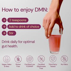 Smoothie with DMN powder being stirred into a beverage