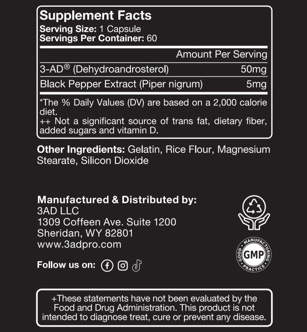 3AD Black Series bottle side label showing patent-backed formula for performance