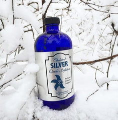 Close-up of liquid Silver Oxide tonic bottle label