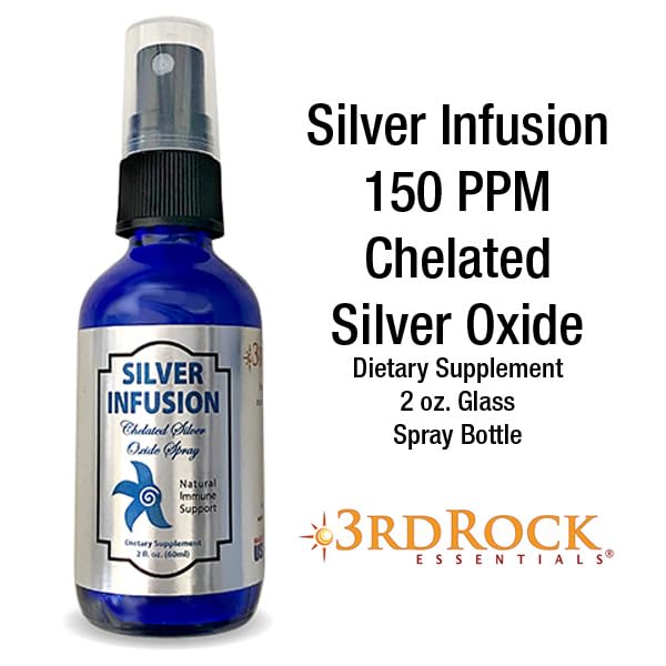 Close-up of 3rd Rock Essentials Silver Infusion Silver Oxide Spray bottle for immune support and natural personal care