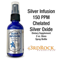 Close-up of 3rd Rock Essentials Silver Infusion Silver Oxide Spray bottle for immune support and natural personal care