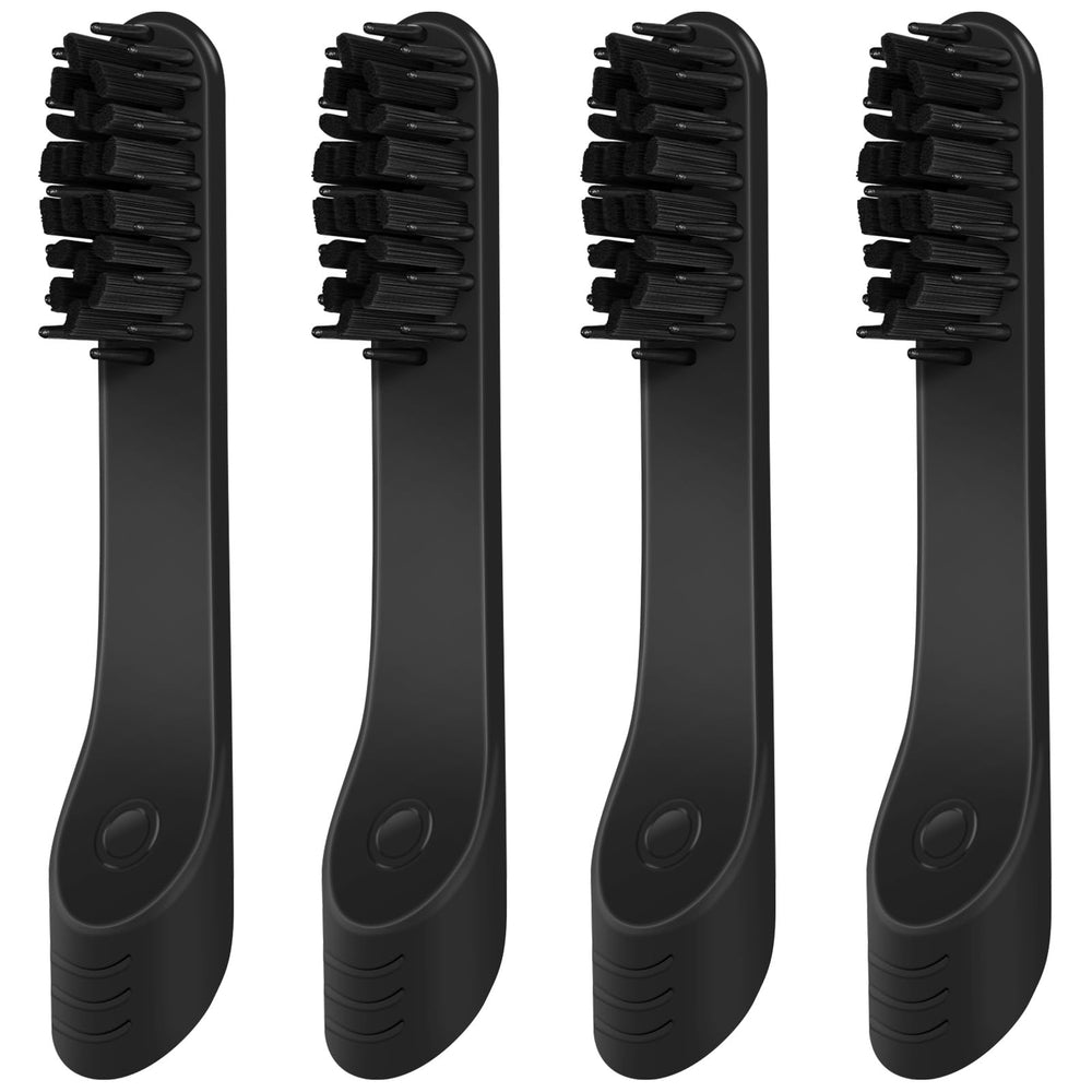 4-count black electric toothbrush replacement heads on white background