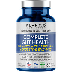 4-in-1 gut health supplement bottle showing prebiotics, probiotics, postbiotics and digestive enzymes