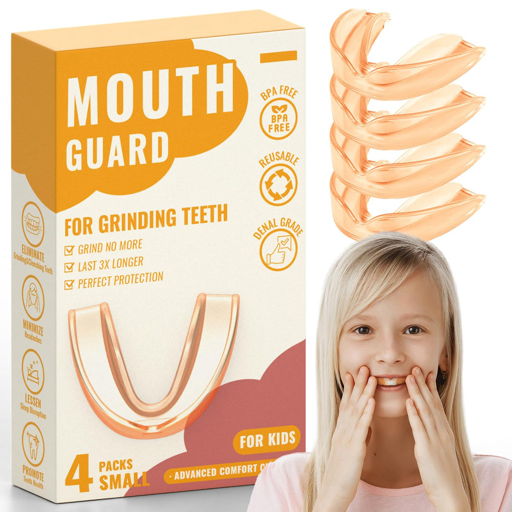 Front view of the 4-pack orange kids mouth guard