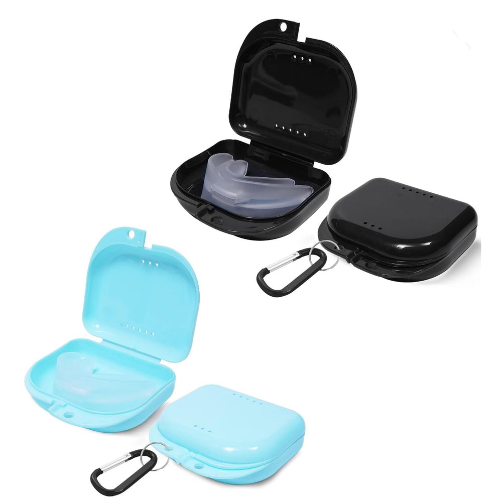 4-piece Aligner & Retainer Case set in black and blue with two carabiners, vent holes, odorless design, size 3.14 x 3.07 x 1.1 inches