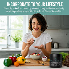 Bottle of Alkaline Rock Stars algae supplement showing 40 capsules