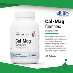Label on 4Life Cal-Mag Complex showing calcium, magnesium, vitamin D, and vitamin K