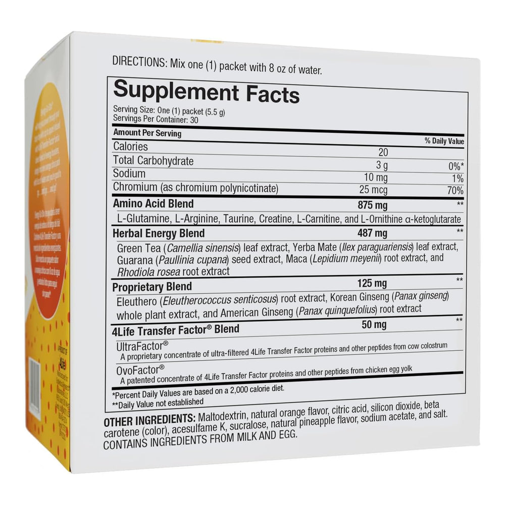 4Life Energy Go Stix packets close-up highlighting orange citrus flavor and quick lift.