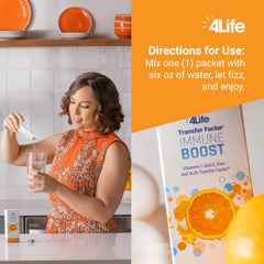 Orange-flavored powder being prepared, highlighting vitamin C content