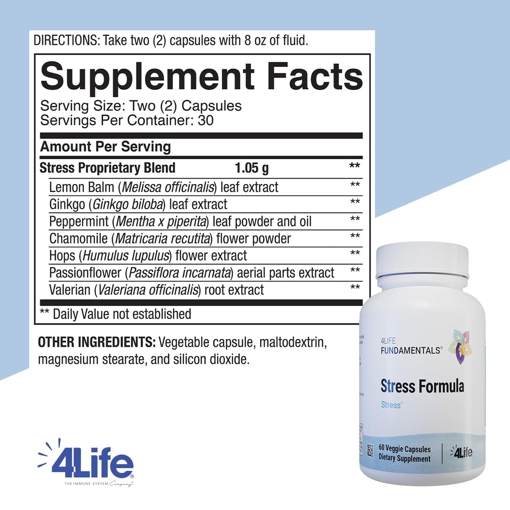 Close-up of 4Life Stress Formula bottle label