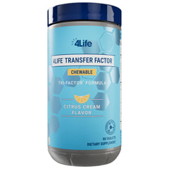 Front of packaging showing 90 chewable tablets for 4Life Transfer Factor Tri-Factor Citrus Cream