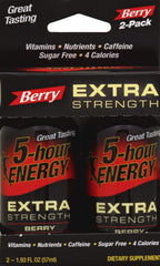 Two 2 fl oz bottles of 5-Hour Energy Extra Strength Berry Liquid Energy Shot (Berry flavor)