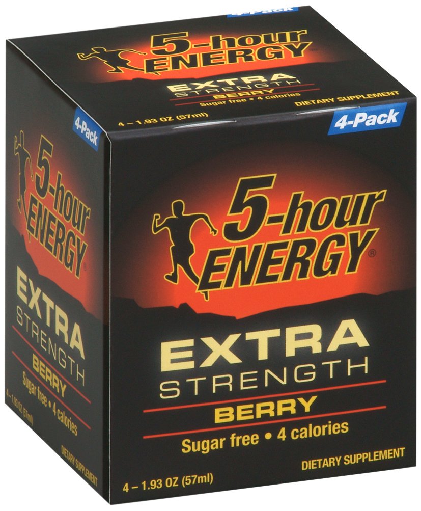 5-hour ENERGY Extra Strength Berry shot bottle showing bold energy boost on the go