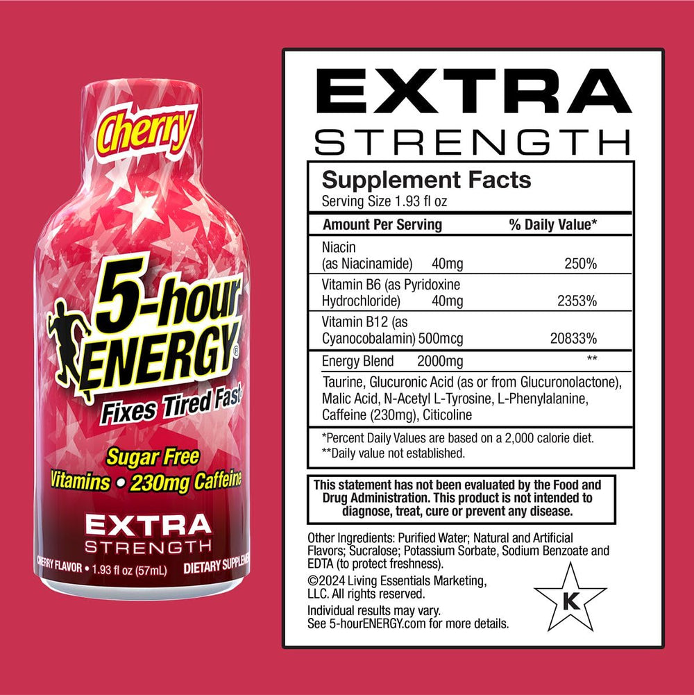 5-hour ENERGY Extra Strength Shots Cherry bottle pour illustrating portable caffeine lift for busy mornings.
