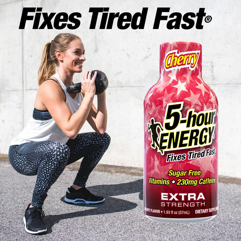 5-hour ENERGY Cherry label closeup showing zero sugar and zero calories.