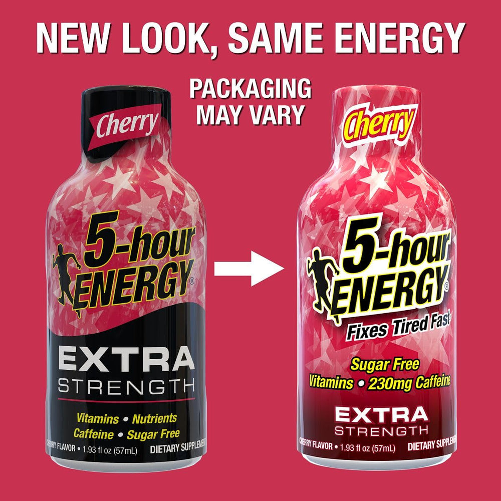 5-hour ENERGY Extra Strength Shots Cherry takealong pouch emphasizing long-lasting energy during travel.