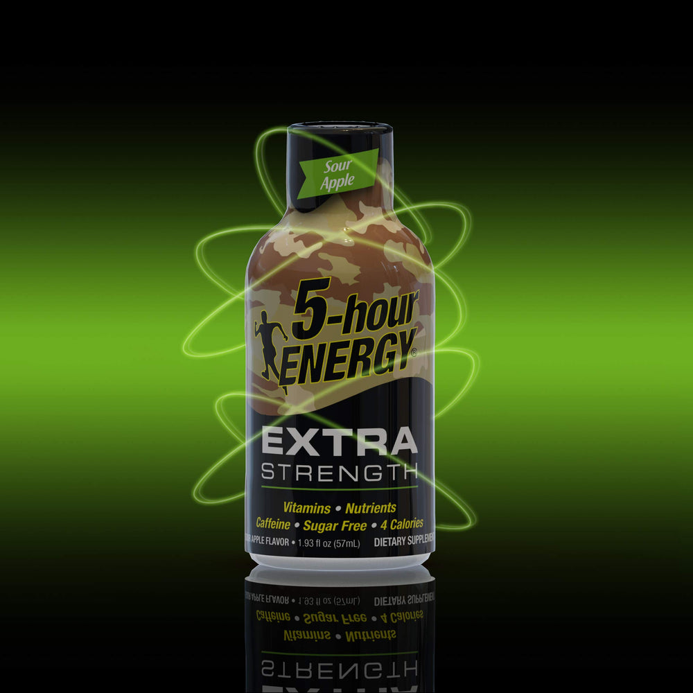 5-hour ENERGY Sour Apple shot pouring for quick on the go boost.