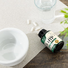 Close-up of orange 5-HTP capsules