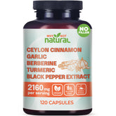 Label image showing 5-in-1 Cinnamon capsules with Berberine, Garlic, Turmeric and Black Pepper