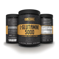 Close-up of the product label for 5% Nutrition Core L-Glutamine 5000