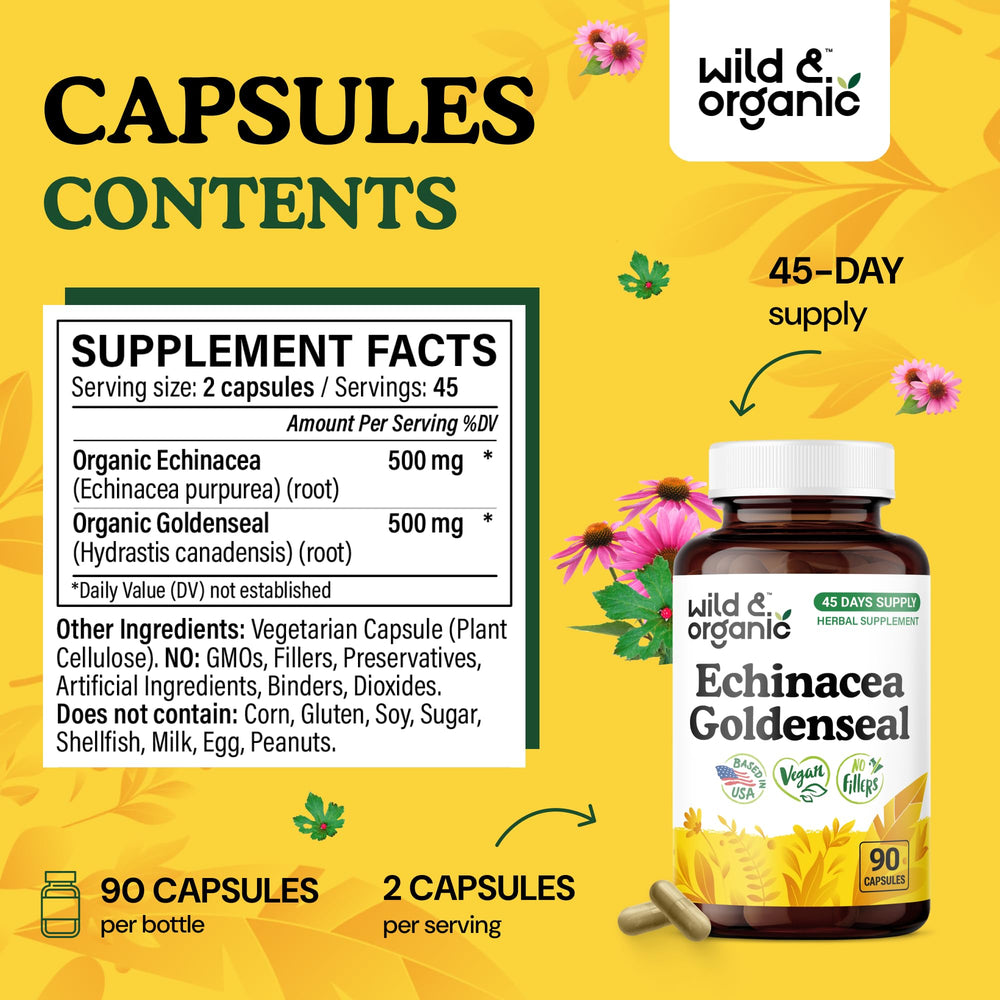 Packaging label highlighting 500 mg echinacea and 500 mg goldenseal per serving.