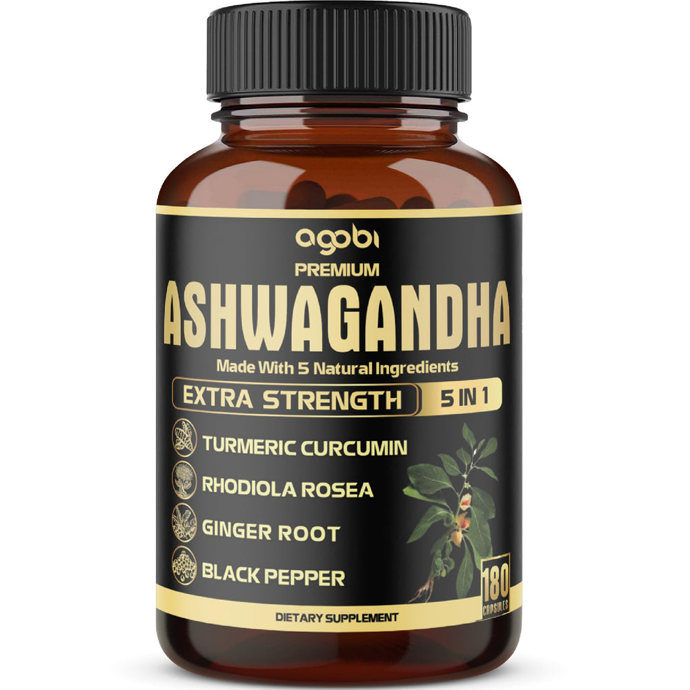 Product hero image showing 5in1 Ashwagandha Turmeric Ginger Rhodiola Black Pepper capsules