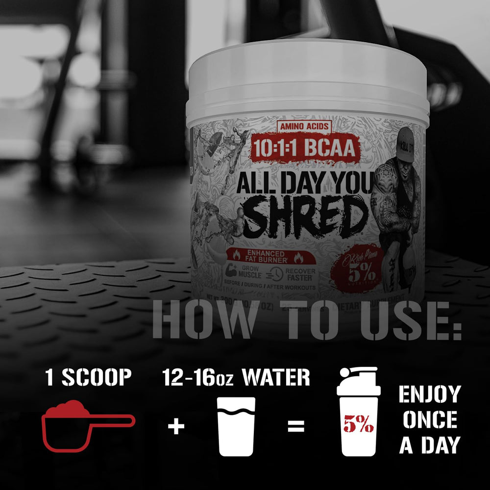 AllDayYou Shred label close-up showing vegan and GMP testing