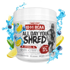 AllDayYou Shred preworkout setup on gym bench