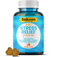 Bottle of 6-in-1 Stress Relief Gummies with Ashwagandha and ingredients