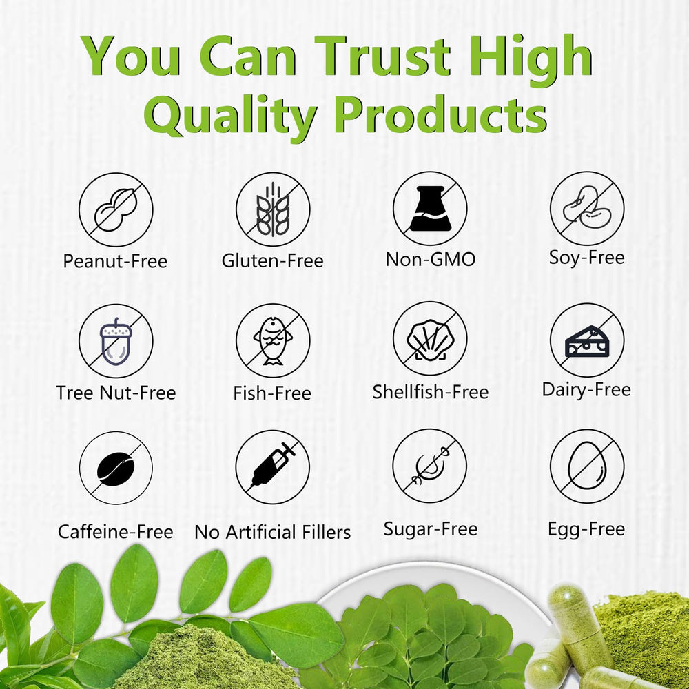 60 moringa capsules shown in a row