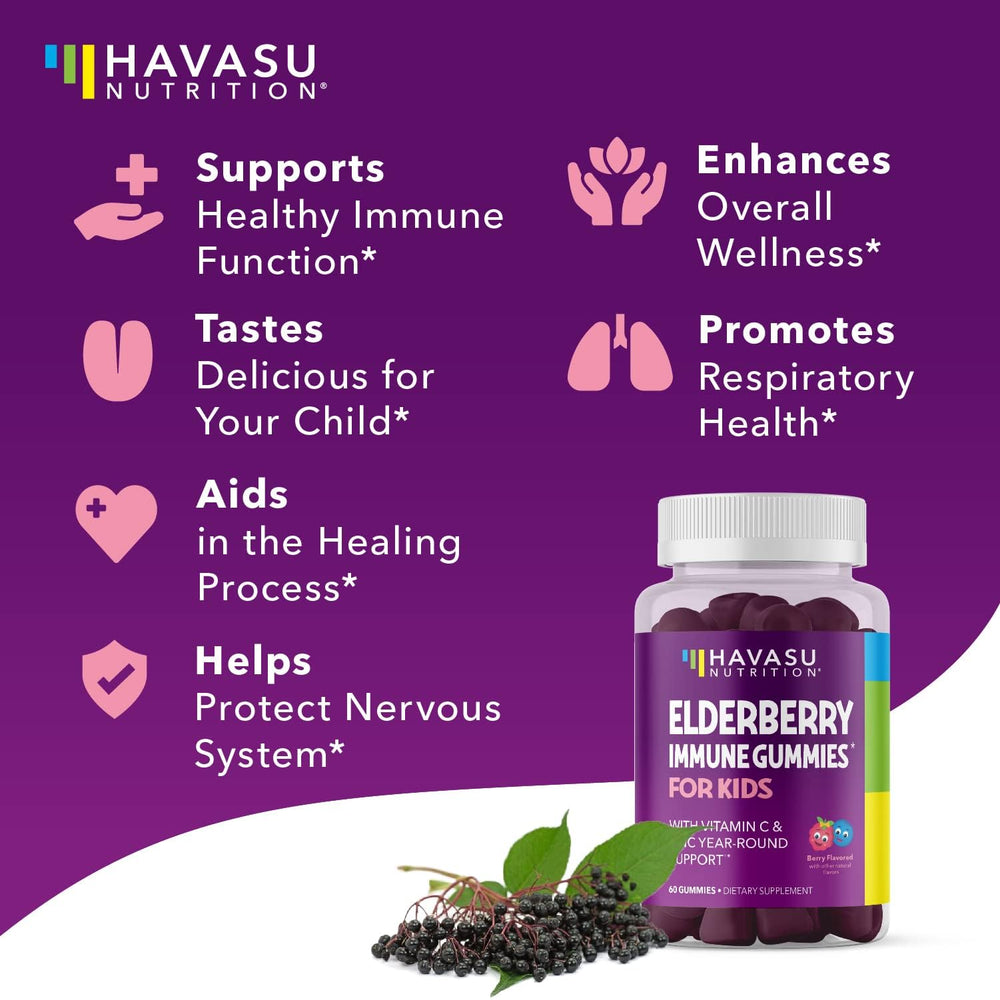 60-count vegan elderberry gummies bottle for kids