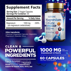 Bottle showing 60 vegan capsules of magnesium citrate