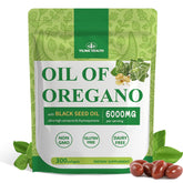 Bottle of 300 softgels with 6000 mg oregano oil, 200 mg black seed oil, and 100 mg echinacea