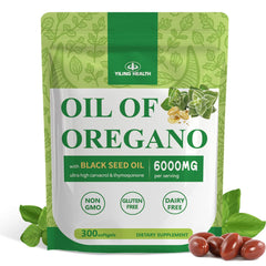 Bottle of 300 softgels with 6000 mg oregano oil, 200 mg black seed oil, and 100 mg echinacea